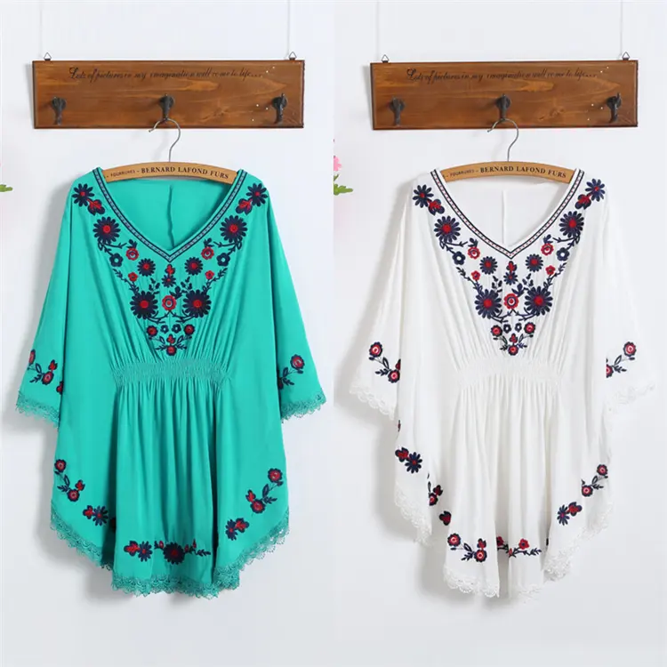 Retro Boho Style Embroidery Shirts Blouses Ladies Summer Cloak Top Loose Lace Hem Bat Sleeve Shirt Woman