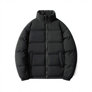 Men's Black Solid Color Puffer Jacket Stand Collar Zipper Closure Windproof <b>Thick</b> Polyester <b>Winter</b> Casual <b>Coat</b> - Product Image 1