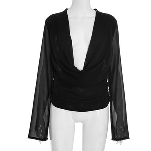 Camicette e Bluse Eleganti da Donna in Chiffon Nero con Scollo a V Profondo e Maniche Lunghe, Nuovi Arrivi Primavera 2026 - Product Image 4