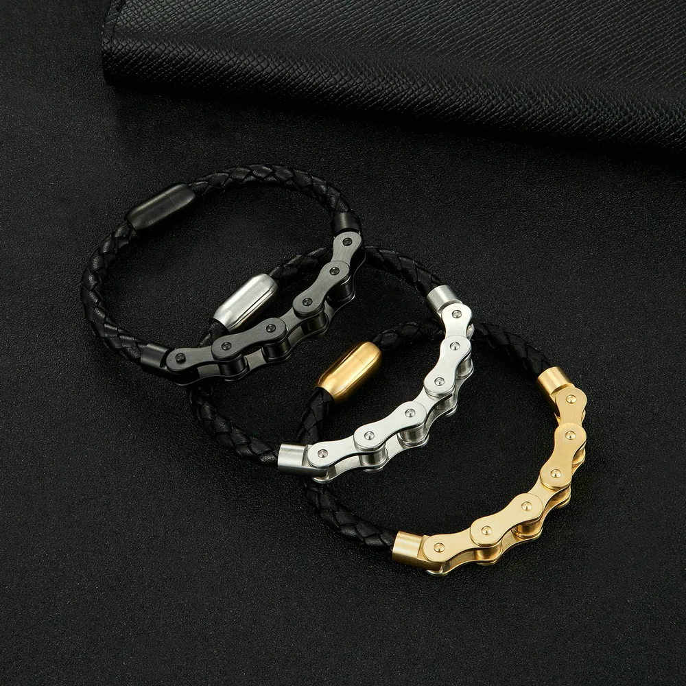 High Quality Biker Jewelry Punk Style Stainless Steel Black Biker Motorcycle Chain Leather Rope Bracelet For Men