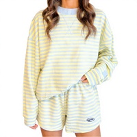 Ensemble 2 pièces décontracté et respirant pour femme : Sweat-shirt ample à rayures imprimées et short, 100 % coton de haute qualité