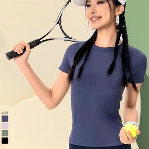 เสื้อยืดออกกำลังกายผู้หญิงแบบรัดรูป แขนสั้น แห้งเร็ว ยืดหยุ่นสูง สำหรับเทนนิส โยคะ ขายส่ง รับผลิตแบบ OEM ODM - Product Image 1