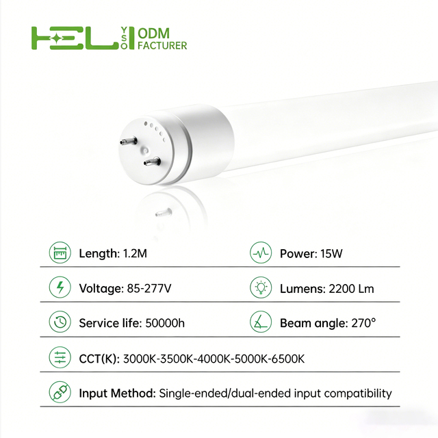 Factory Direct 1.2M 15W T8 LED Tube, 2200Lm, 85-277V, 5 CCT, Single/Dual End Input Compatible
