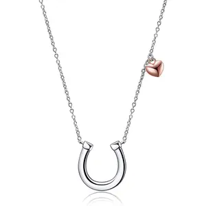 Horse Jewelry 925 Sterling Silver Rose Gold Plated Heart Charm Horseshoe Necklace for Women