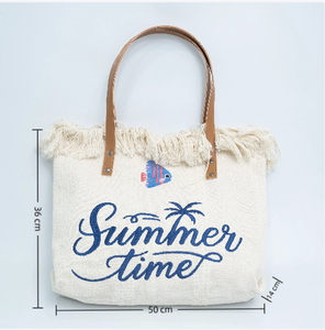 Bolso de Lona Abierto Reutilizable de Moda Bohemia Ecológica con Flecos Bordados Personalizados, Extra Grande, con Dos Correas, para Mujer, Verano, Uso Diario - Product Image 3