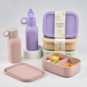 Portable 3 Compartment Bpa Free Silicone Bento <b>Lunch</b> Box Kids Water Bottle <b>Set</b> Leakproof Lid Microwavable Eco-Friendly School - Product Image 1
