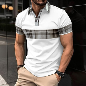 Polo de Manga Corta para Hombre con Ribete de Cuello a Cuadros, Cuello Abotonado, Top Informal de Punto de Mezcla de Algodón - Product Image 2