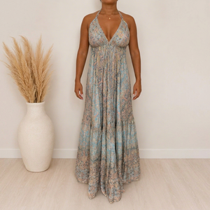 Vestido maxi bohemio con estampado, corte holgado, cintura imperio, sin mangas, con tirantes finos, patrón paisley, de gasa, largo hasta el suelo, para verano. - Product Image 1