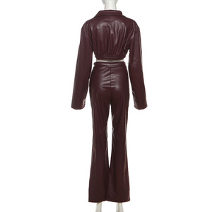Autumn/Winter New Sexy Collared Crop Top With High-Waisted PU Leather <b>Trousers</b> Two-Piece Set for Women Fashion - Product Image 6