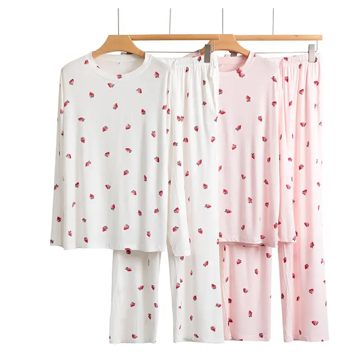 Primavera e Outono bambu senhoras pijamas sleepwear mulheres homewear morango tamanho mesmo manga longa calças compridas macio loungewear