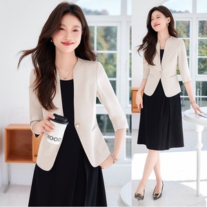Women's Collarless Blazer Mid Sleeve Polyester Breathable Elegant Office Suit Jacket For Work Dress Pairing - Product Image 1