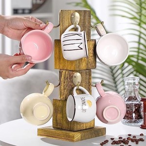 Wooden Mug Holder Desktop Rotating Coffee Cup Rack Solid Wood Hanging <b>Storage</b> <b>Kitchen</b> Organizer Retro Color 2 Layer - Product Image 2