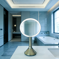 Miroir de salle de bain ZIHAN en acier inoxydable argenté 9'' à hauteur réglable, moderne, avec 3 LED HD, alimenté par batterie, finition dorée brossée