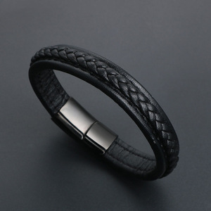 Minimalist <b>Titanium</b> Steel Woven Bracelet Black Leather Magnetic Clasp Men's Jewelry Accessory CE547 - Product Image 2
