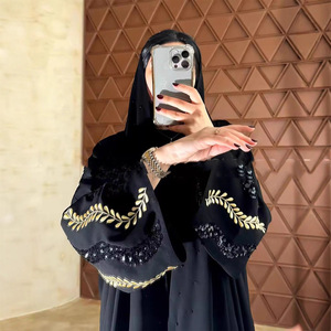 Colore oro foglie ricamate <span class=keywords><strong>a</strong></span> polsino fronteggiato stile aperto formato sciolto Dubai Muslim donne Abaya - Product Image 1