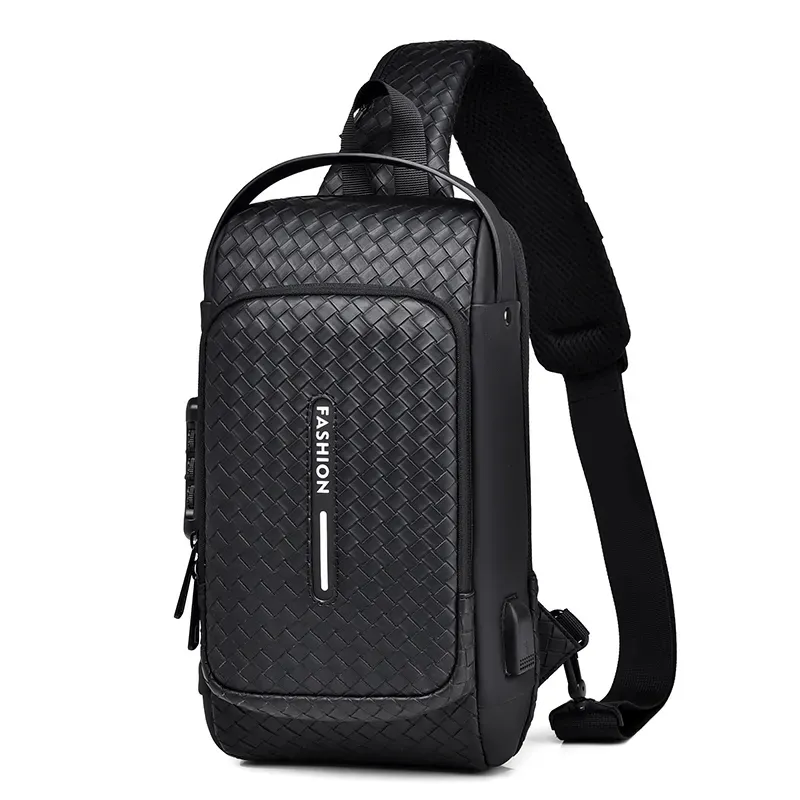 Bolsa de peito casual masculina de PU modelo atualizado, bolsa de ombro para viagem, bolsa de ombro com USB anti-roubo de alta qualidade