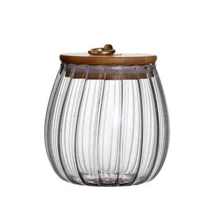 Pot en verre rayé avec couvercle en bambou, forme cylindrique, récipient de rangement pour grains de café et feuilles de thé - Product Image 5