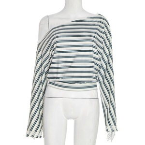 Viviblook Q25TP308 Otoño e Invierno nuevo Slash hombro rayas encaje manga larga Crop Top Casual camiseta para mujer - Product Image 2