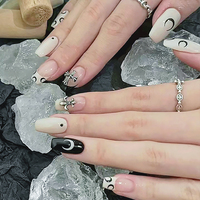 Faux ongles à presser Gothique Lune & Croix Noir & Beige, forme Cercueil Moyenne, réutilisables en ABS pour Femme, Nail Art Y2K Punk
