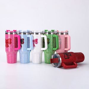 Stock Pearl Diamond 40Oz Butterfly Diamond-Inlaid Ice Bucket Travel Car Vacuum <b>Thermos</b> Tumbler Cup Mug With Handle Straw - Product Image 4