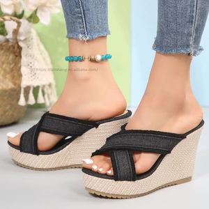 Summer New Round Head Cross Canvas Slippers Women's Fashion Foreign Trade Plus Size Denim Straw Roman <b>Shoes</b> - Product Image 3