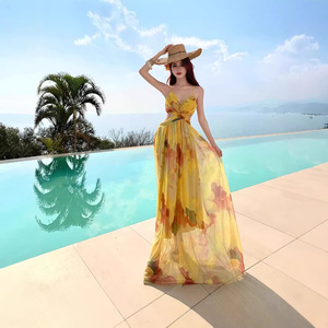 Robe de plage à thème insulaire, dos nu, style halter, tie-dye, en maille, longue, pour les voyages et les vacances - Product Image 1