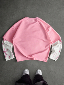 Soft <strong>Goth</strong> Pink Double-layer T-shirt Overlay Chenille Heart Print Cherub Long Sleeve Liner Breathable Two-piece T-shirt - Product Image 2