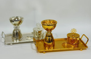 Set di 2 Pezzi Porta Carbone per Bukhoor, Vassoio per Bruciatore di Carbone, Materiale in Ferro, Colore Argento e <span class=keywords><strong>Oro</strong></span>, Arte Moderna per Incenso - Product Image 6