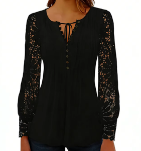 Top in <span class=keywords><strong>Pizzo</strong></span> da Donna <span class=keywords><strong>Blu</strong></span> Navy con Maniche Lunghe, Scollo a V e Stampa Floreale, Traspirante in Stile Vintage - Product Image 6