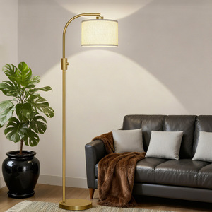 Lampadaire moderne avec corps en laiton, abat-jour blanc cassé, hauteur réglable, source de lumière LED pour salon, chambre à coucher, bureau - Product Image 1