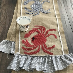 Rustic Embroidered Crab Table Runner With Anchor Ruffle Edge Washable Home Decor - Product Image 1