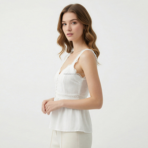 Top Babydoll sin Mangas <span class=keywords><strong>con</strong></span> Encaje Personalizado OEM, Camisola <span class=keywords><strong>con</strong></span> Botones, <span class=keywords><strong>Blusa</strong></span> Corsé <span class=keywords><strong>con</strong></span> Tirantes <span class=keywords><strong>con</strong></span> Volantes Blancos Vintage - Product Image 3