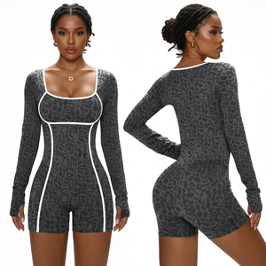 Combinaison de sport/yoga Glamouroux pour femme, en Spandex/Nylon extensible, à manches longues, froncée aux fesses, imprimé animal, respirante, pour fitness, OEM - Product Image 1