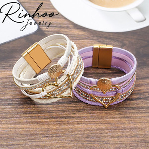 Bracelet en cuir PU large multirangs style bohème avec tresses, <span class=keywords><strong>grand</strong></span> cœur creux doré, pierres brutes et cristaux colorés - Product Image 2