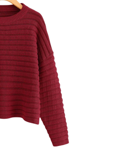 Suéter de Punto Acanalado Texturizado al por Mayor, Manga Larga, Cuello Redondo, Suave, Cálido, Informal, de Moda, Color Granate, en Venta - Product Image 3