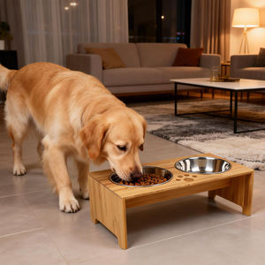 Estación de Alimentación para Mascotas de Bambú y Acero Inoxidable con Doble Plato Elevado para Comida y Agua, Diseño Moderno para Perros - Product Image 1