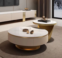 Ensemble de meubles de salon et salle à manger de luxe moderne : Meuble TV en bois avec plateau en marbre, table basse, console beige et armoire flottante de rangement