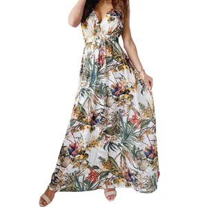 Summer Sexy Ladies Deep V Neck Printed Sleeveless Backless Maxi Dress Casual Vintage Long Dresses For Women