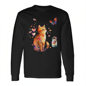 T-shirt a maniche lunghe con gatto tabby arancione, design con cuori e farfalle di San Valentino - Product Image 2