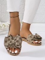 Sandales plates décontractées pour femmes, tendance mode, avec empeigne en toile imprimée, bout ouvert, semelle en caoutchouc antidérapante et nœuds, pour l'extérieur, vente en gros