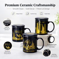 Tasse à café personnalisée Dubaï Qatar Égypte en céramique noire plaquée or Souvenir de la ville du pays avec couvercle tasse en porcelaine