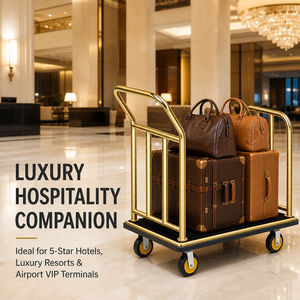 Hotel luggage <b>cart</b>, <b>hand</b>-push flat trolley with stainless steel silent wheels, concierge lobby - Product Image 2