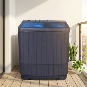 Lavadora semiautomática moderna de doble tina, color azul oscuro, con tapa superior azul y cuerpo acanalado, para lavar ropa del hogar. - Product Image 2