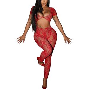 Vestiti donna Sexy tute attillati abiti floreali aderenti in <span class=keywords><strong>pizzo</strong></span> tutine da donna <span class=keywords><strong>bianco</strong></span> un pezzo in maglia tuta da donna estate - Product Image 6