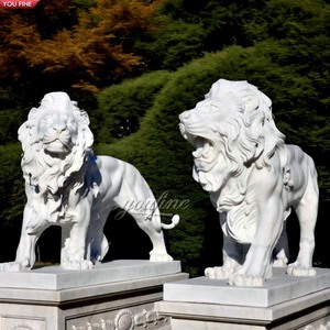 Statua di <span class=keywords><strong>leone</strong></span> guardiano classica YOUFINE per esterni, coppia a grandezza naturale in marmo bianco con basi - Product Image 2