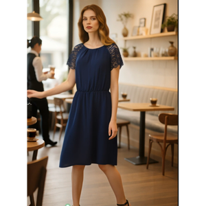<span class=keywords><strong>Robe</strong></span> élégante pour femme, bleu <span class=keywords><strong>marine</strong></span>, col rond, manches courtes, taille à cordon, coupe ample, <span class=keywords><strong>mi</strong></span>-<span class=keywords><strong>longue</strong></span>, tendance - Product Image 3