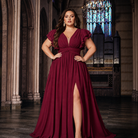 Robe de Demoiselle d'Honneur Grande Taille en Chiffon Coupe Trapèze, Col en V Profond, Manches Volantes, Taille Froncée, Fente Haute, Longueur Maxi