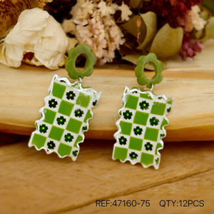 Orecchini pendenti dipinti con motivo a quadretti verdi, design floreale, gioielli alla moda, 12 pezzi - Product Image 3