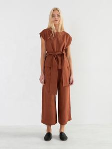 Awesome Office Wear Summer Ladies Linen <b>Tie</b> <b>Waist</b> Tank <b>Top</b> With Crew Neck & Short Sleeve With Perfect Fit Solid Bottom Wear - Product Image 2