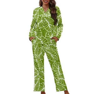 Weiche gemütliche Knopf Pyjamas Hawaii-Stil Taro Blätter Kunstdruck Unisex Nachtwäsche Benutzer definierte hochwertige Frühling Herbst lange Nachtwäsche